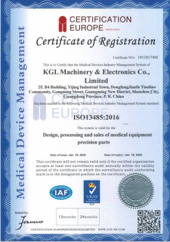 ISO 13485 certificate of KGL Machinery & Electronics Co., Limited – certificate photo, supplier certificates section