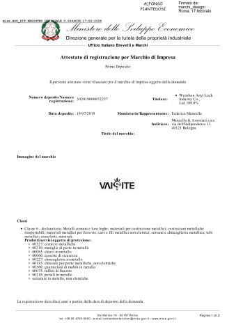 Attestato di registrazione per Marchio di Impresa certificate from Zhejiang Anyi Construction Hardware Co., Ltd.