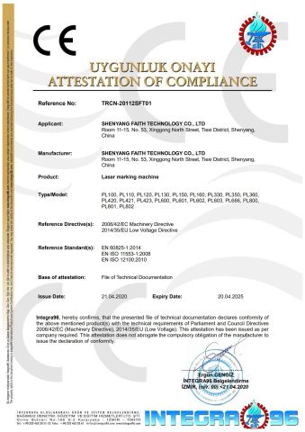 Laser Machine CE certificate of Shenyang Faith Technology Co., Ltd. – certificate photo, supplier certificates section