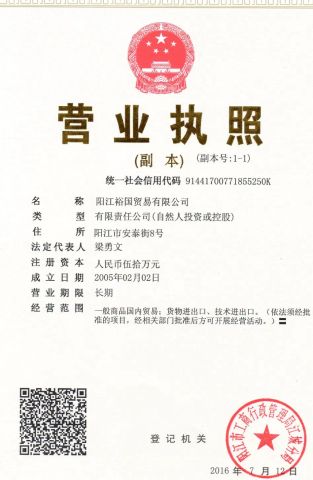 business license certificate from Yangjiang Vigor Trade Co., Ltd.