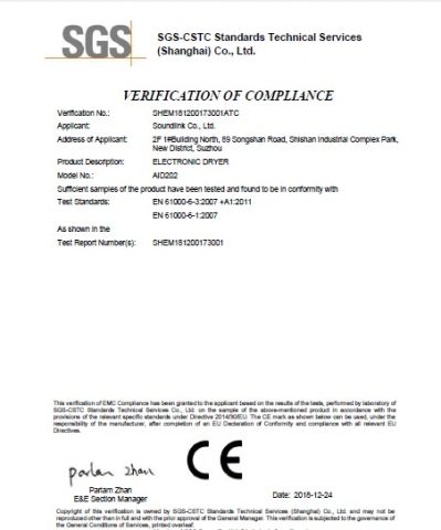 Dryer Aid 202 CE certificate from Soundlink Co., Ltd.