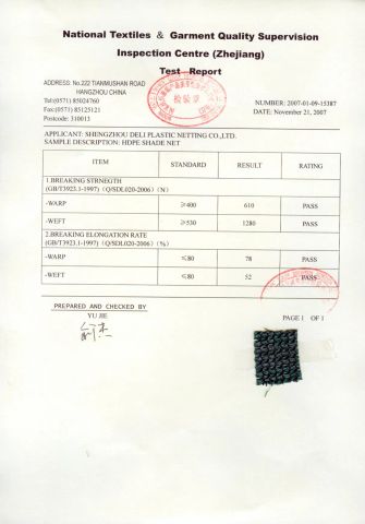 Product Inspection Report certificate from Shengzhou Deli Plastic Netting Co., Ltd.
