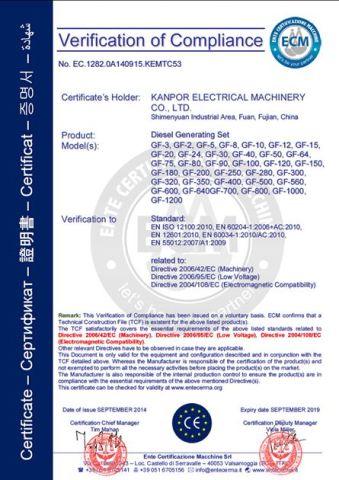 CE certificate from Kanpor Electrical Machinery Co., Ltd.