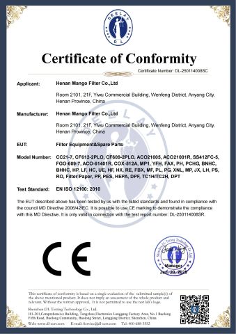 CE certificate certificate of Henan Mango Filter Co., Ltd. – certificate photo, supplier certificates section