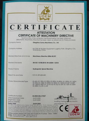 CE certificate from Qingzhou Sunny Machinery Co., Ltd.