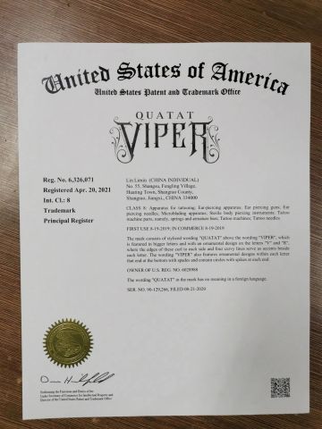 QUATAT VIPER certificate from Yiwu Limem Tattoo Equipment Co., Ltd.