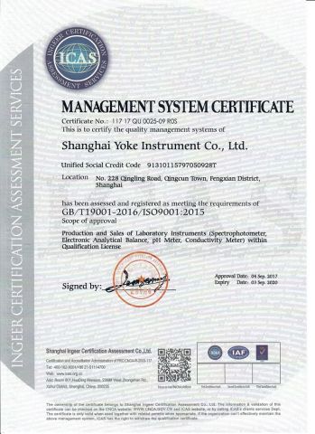 ISO9001 certificate from Shanghai Yoke Instrument Co., Ltd.