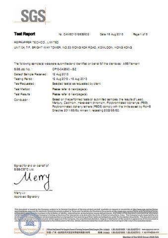 Test Report of ABS 3d filament certificate from Guangzhou Yousu3D Technology Co., Ltd.