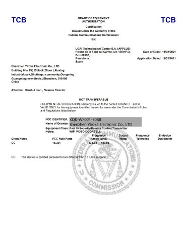 FCC certificate from Guangdong Yiroka Technology Co., Ltd