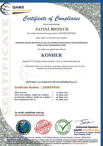 KOSHER certificate from Satinz Biotech