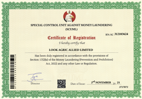 SCUML certificate of Look Agric Allied Limited  – certificate photo, supplier certificates section