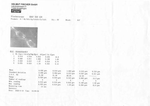 Plating thickness test certificate from Guangzhou Peishang Jewelry Co., Ltd.