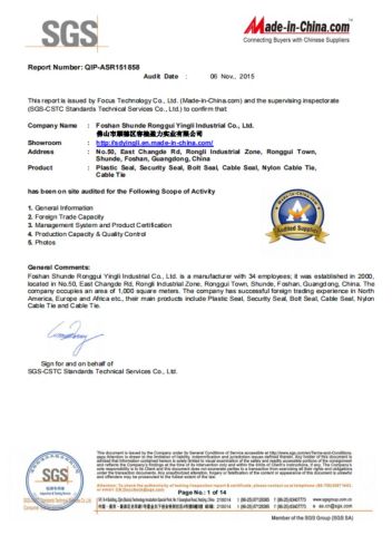 SGS certificate from Foshan Shunde Ronggui Yingli Industrial Co., Ltd