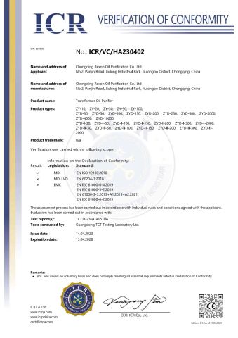 CE 1 of REXON certificate of Chongqing Rexon Oil Purification Co., Ltd. – certificate photo, supplier certificates section