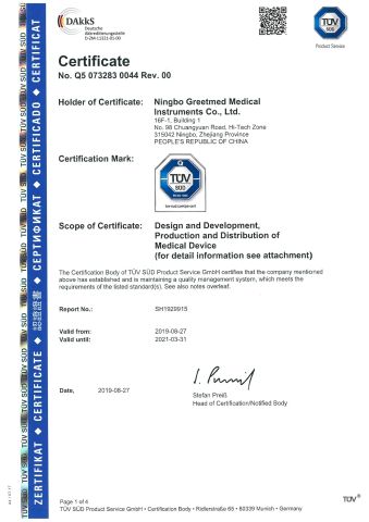 ISO13485 certificate from Ningbo Greetmed Medical Instruments Co., Ltd.