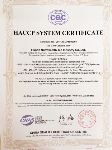 HACCP certificate of Changsha Nutrahealth Bio-Tech Co., Ltd. – certificate photo, supplier certificates section