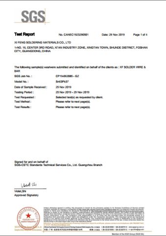 Sn63Pb37 Composition SGS Analysis certificate from Foshan Xi Feng Tin Products Co., Ltd.