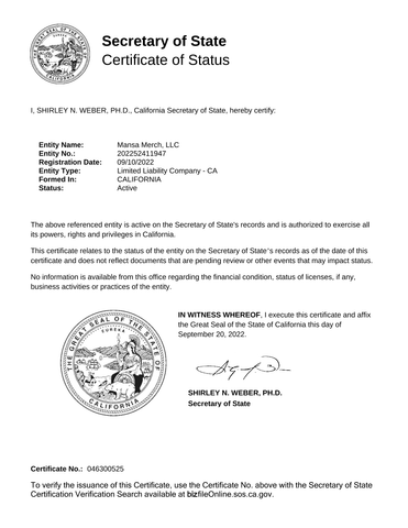 Certificate of Status - Secretary of State (California) certificate from Mansa Merch, LLC