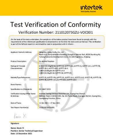 EN16647 certificate from HANGZHOU LIYING CRAFTS CO., LIMITED