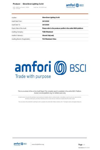BSCI Factory audit report 1 certificate of Glow-Grow Lighting Co., Ltd. – certificate photo, supplier certificates section