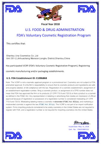 FDA certificate of Shantou Una Cosmetics Co., Ltd – certificate photo, supplier certificates section