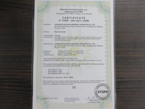 CE certificate of Yongkang Huaying Weighing Apparatus Co., Ltd. – certificate photo, supplier certificates section