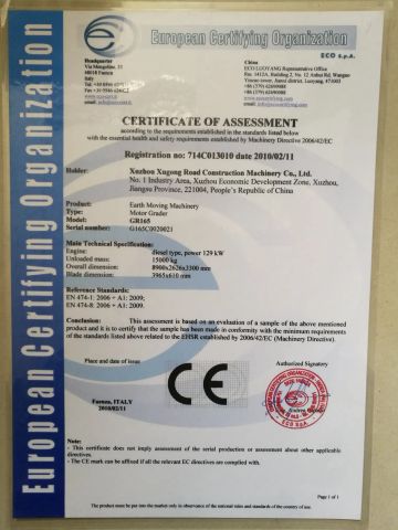 CE Motor Grader certificate of Xuzhou Shangheng Engineering Machinery Co., Ltd. – certificate photo, supplier certificates section
