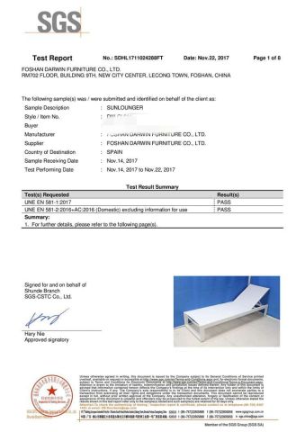 SGS Test Report certificate from Foshan Darwin Furniture Co., Ltd.