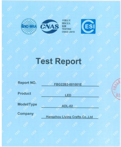 LED report certificate from HANGZHOU LIYING CRAFTS CO., LIMITED