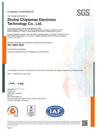ISO14001 certificate from Zhuhai Chipsense Electronic Technology Co., Ltd