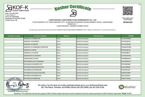 Kosher certificate from Lianyungang Zhonghong Chemical Co., Ltd.