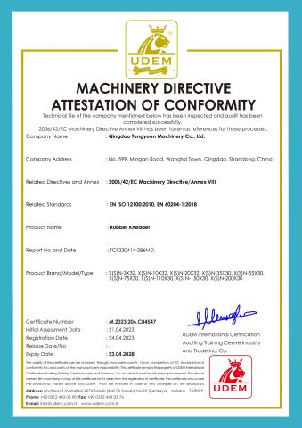 CE certificate for rubber kneaders certificate from Qingdao Tengyuan Machinery Co., Ltd.