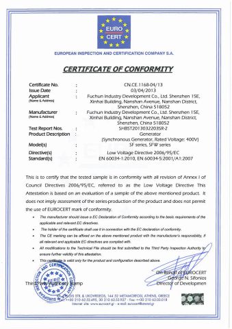CE certification of low voltage generator certificate of Fuchun Industry Development Co., Ltd. Shenzhen – certificate photo, supplier certificates section