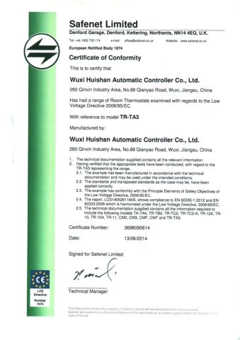 CE certificate of TR-TA3 series room thermostat certificate from Wuxi Huishan Automatic Controller Co., Ltd.