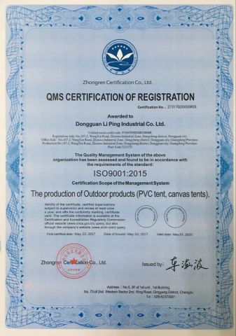 ISO9001:2015 certificate from Liping Outdoors Manufactory Ltd.