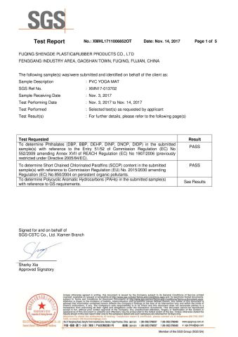 SGS test report PVC certificate from Fuqing Shengde Plastic & Rubber Products Co., Ltd.