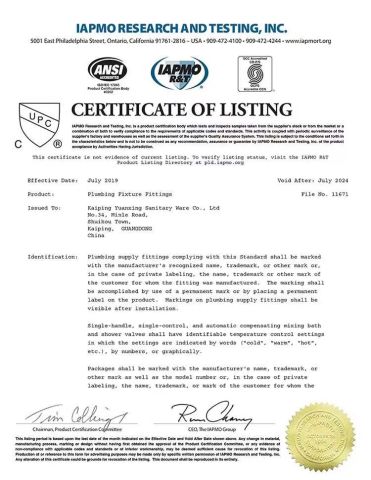 CUPC Kitchen Faucet certificate certificate of JIANGMEN LIVING STONES HOUSEHOLD CO., LTD. – certificate photo, supplier certificates section