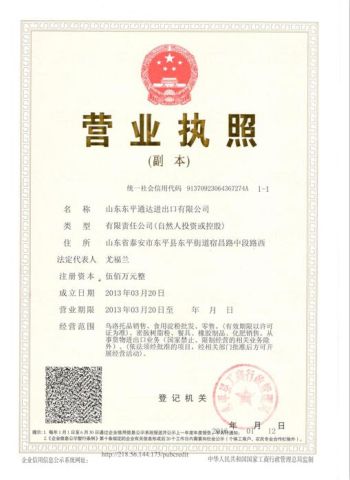 Company business license certificate from Shandong Dongping Tongda Imp. & Exp. Co., Ltd.