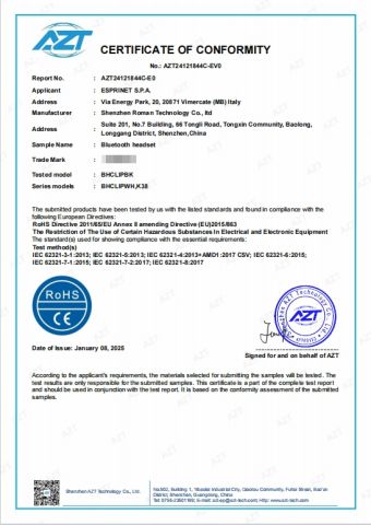 ROHS certificate from Roman Technology Co., Ltd