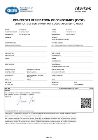 PVOC(COC For Kenya) certificate from FAME TOP INDUSTRIAL LIMITED