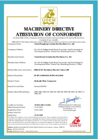 Certificates certificate from Yantai Donghong Construction Machinery Co., Ltd.