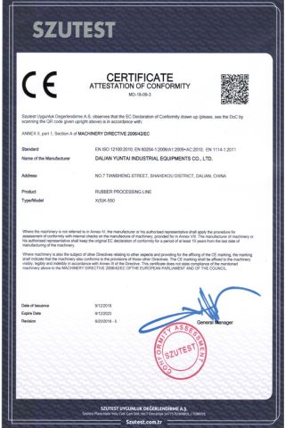 CE Certificate certificate of Dalian Yuntai Industrial Equipments Co., Ltd. – certificate photo, supplier certificates section