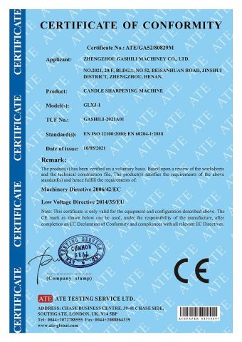 CE for Candle sharpening machine certificate from Zhengzhou Gashili Machinery Co., Ltd.