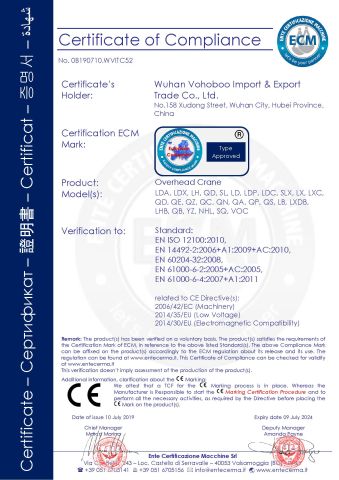 CECertificate of Overhead Crane certificate from Wuhan Vohoboo Import and Export Trade Co., Ltd.