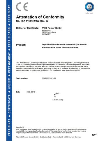 CE certificate from Jiangsu VDS Renewable Technology Co., Ltd.