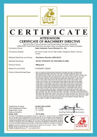 CE for hydraulic jack certificate from Baier Hydraulic Power (Wuhan) Co., Ltd.