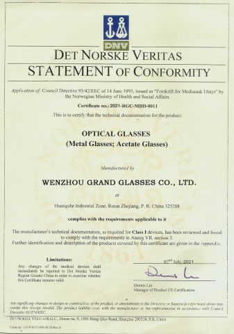 CE certificate from WENZHOU GUANDE GLASSES CO., LTD.
