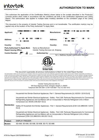 SD ETL Certificate certificate from Qingdao Yunlei Electric Applicance Co., Ltd.