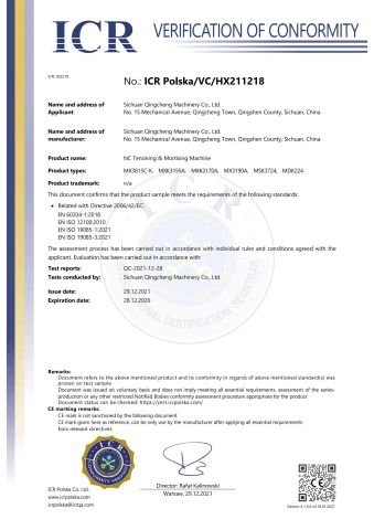 CE for Mortiser and Tenoner certificate from Hangzhou Smart Panther Tech Ltd