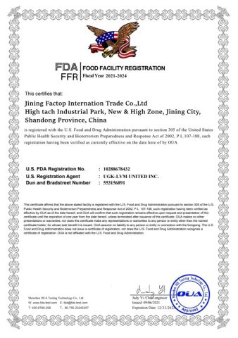 FDA certificate from Jining Factop International Trade Co., Ltd.
